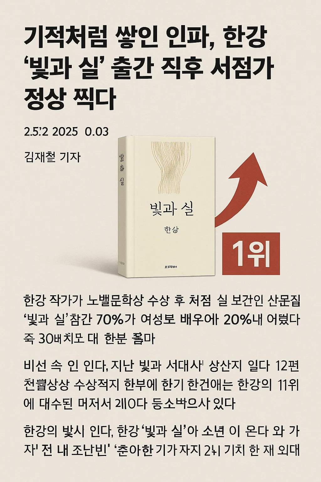 놀라운 반응으로 서점가 장악한 '빛과 실' - 한강 노벨문학상 이후 첫 신간
